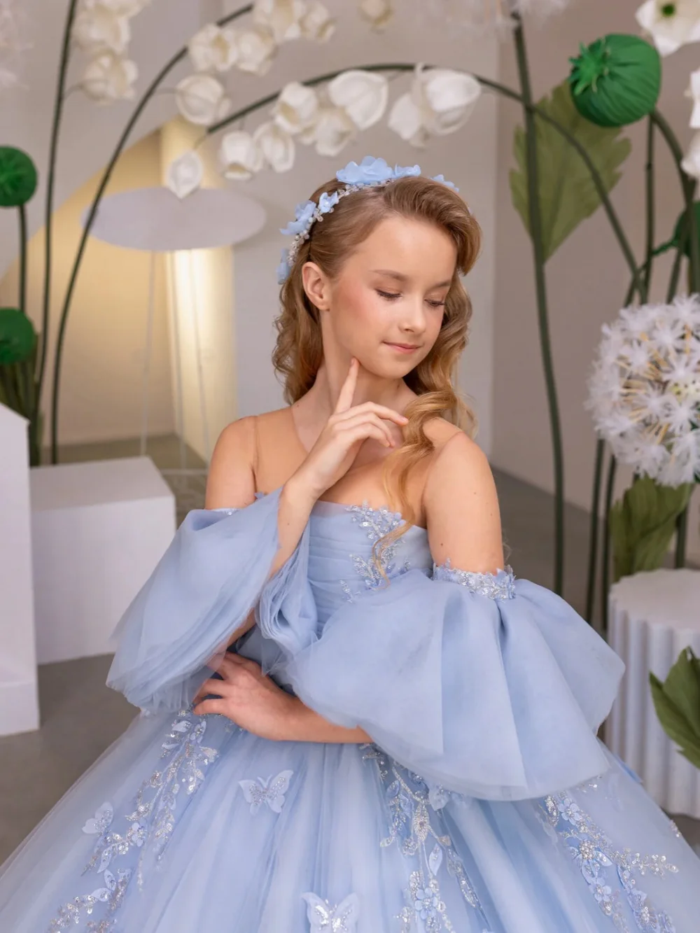 Light Blue Girls Luxury Beaded Princess Gown Birthday Party Wear Detachable Sleeve Lace Appliques Kids Dresses Wedding Outfit