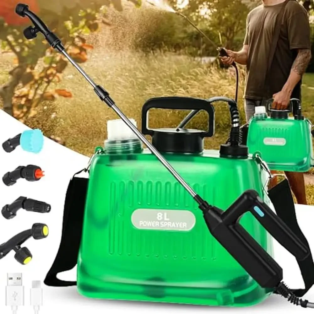 

Electric Garden Sprayer 2 Gallon USB Charge Automatic Spray Shoulder Strap 4 Nozzles Twisting Adjustments 32" Wand Length