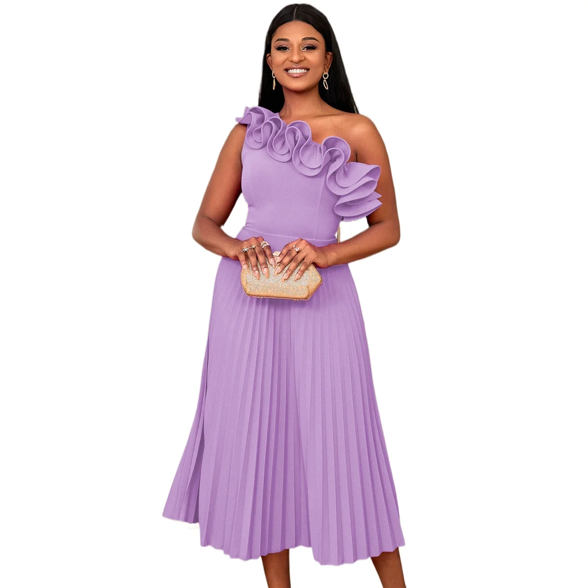 

Elegant Ruffles One Shoulder Pleated Mid Length Formal Evening Dress