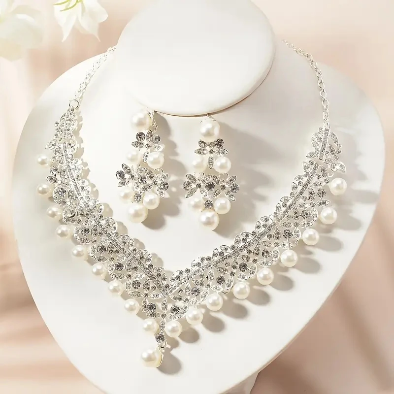 3-piece wedding necklace set including bridal headpiece, zinc alloy pearl high-end bridal necklace earrings 2-piece jewelry acce