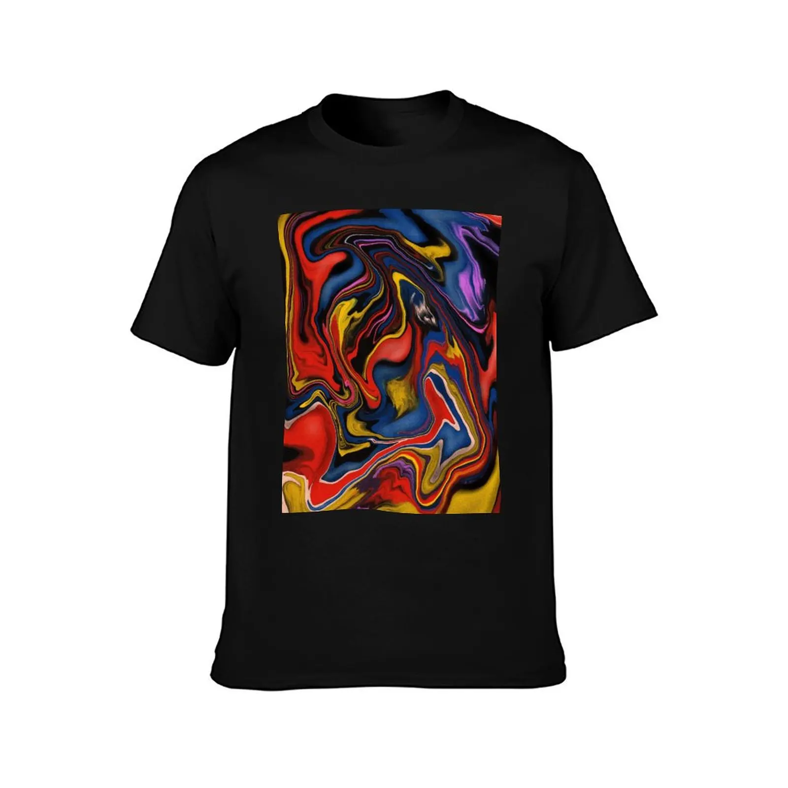 Abstract Blue, Red and Yellow Marbled Liquid Painting T-Shirt Fashion Print Casual Short Sleeve T-Shirt