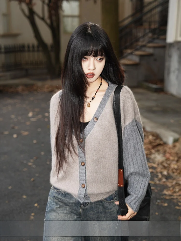 

Ретро-кардиган из шерсти с V-образным вырезом, вязаный, на осень-зиму, в корейском стиле, с цветными блоками, для женщин