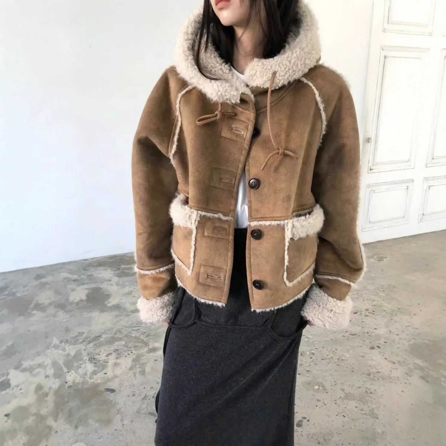 

Корейская дышащая шуба с капюшоном, женская куртка из полиэфирного волокна для колледжа, верхняя одежда, пальто