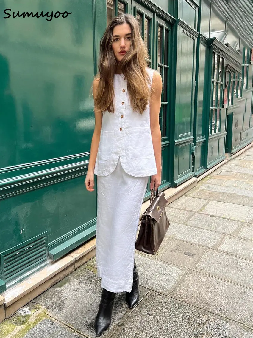 

Sumuyoo Summer Slim White Cotton Two Piece Set Women Outfit 2023 Elegant Sleeveless Tops With High Waist Long Skirts Sets