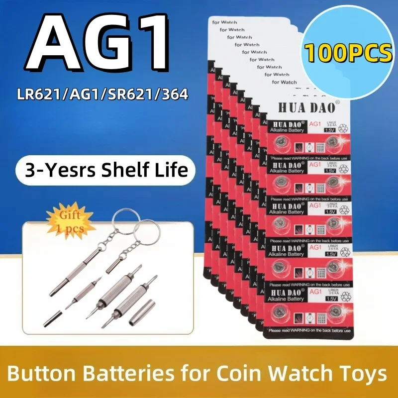 

100PCS AG1 LR621 1.55V Alkaline Button Battery, 164 SR60 363 SR621SW 364 621 SR621 L621 CX60 Coin Cell for Watch Clock Remote
