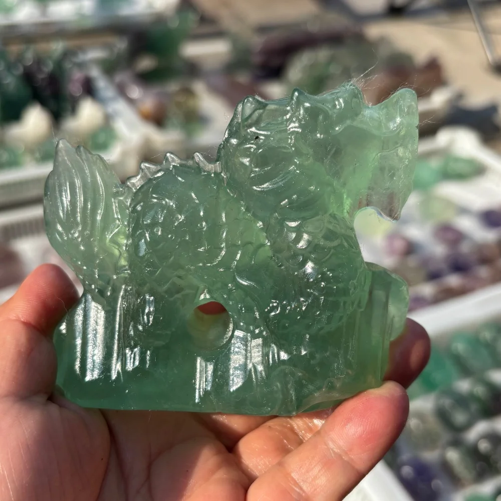 Chinese Dragon Carving Natural Green Fluorite Reiki Healing Stone Fengshui Decorative Piece for Holiday Crafts And Gift Ideas