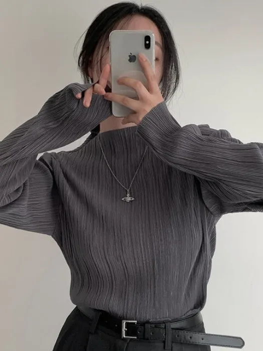 

Slim Fit Long Sve T-irt Collar Top Simple Chic Vintage Base Layer Pure Color One oulder Design Women's Faion Autumn Top