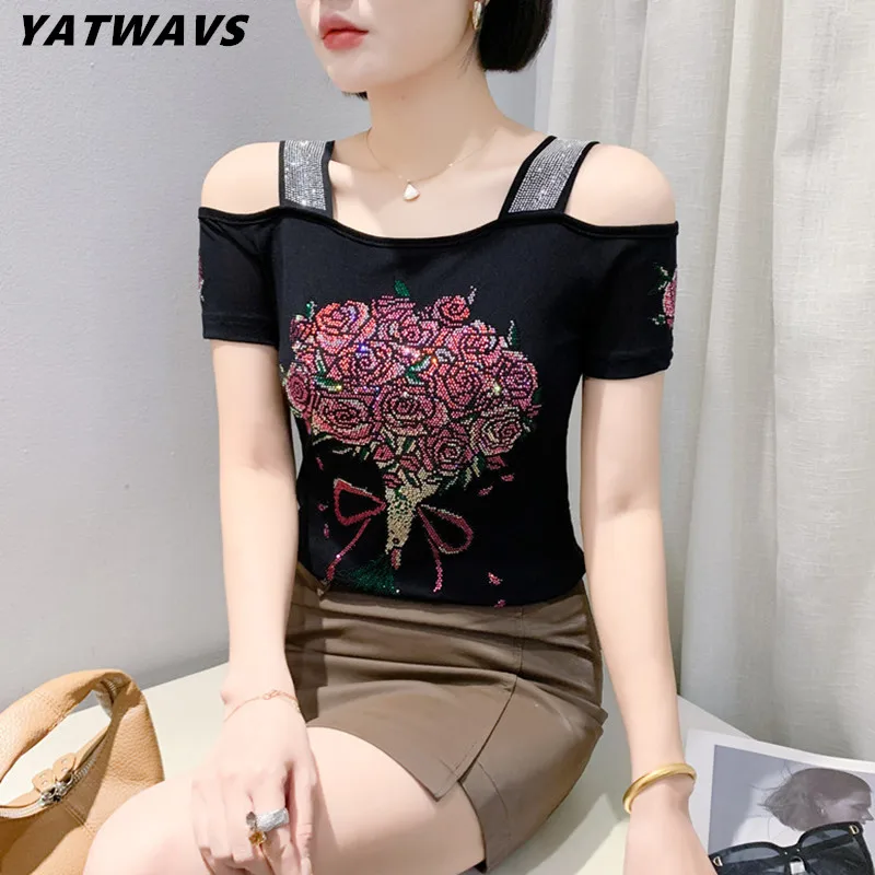 M-3XL New Women's Luxury Shiny Diamonds T-Shirts Clothes Sexy Off Shoulder Short Sleeve Slim Mesh Tees Elegant Girl Flower Tops