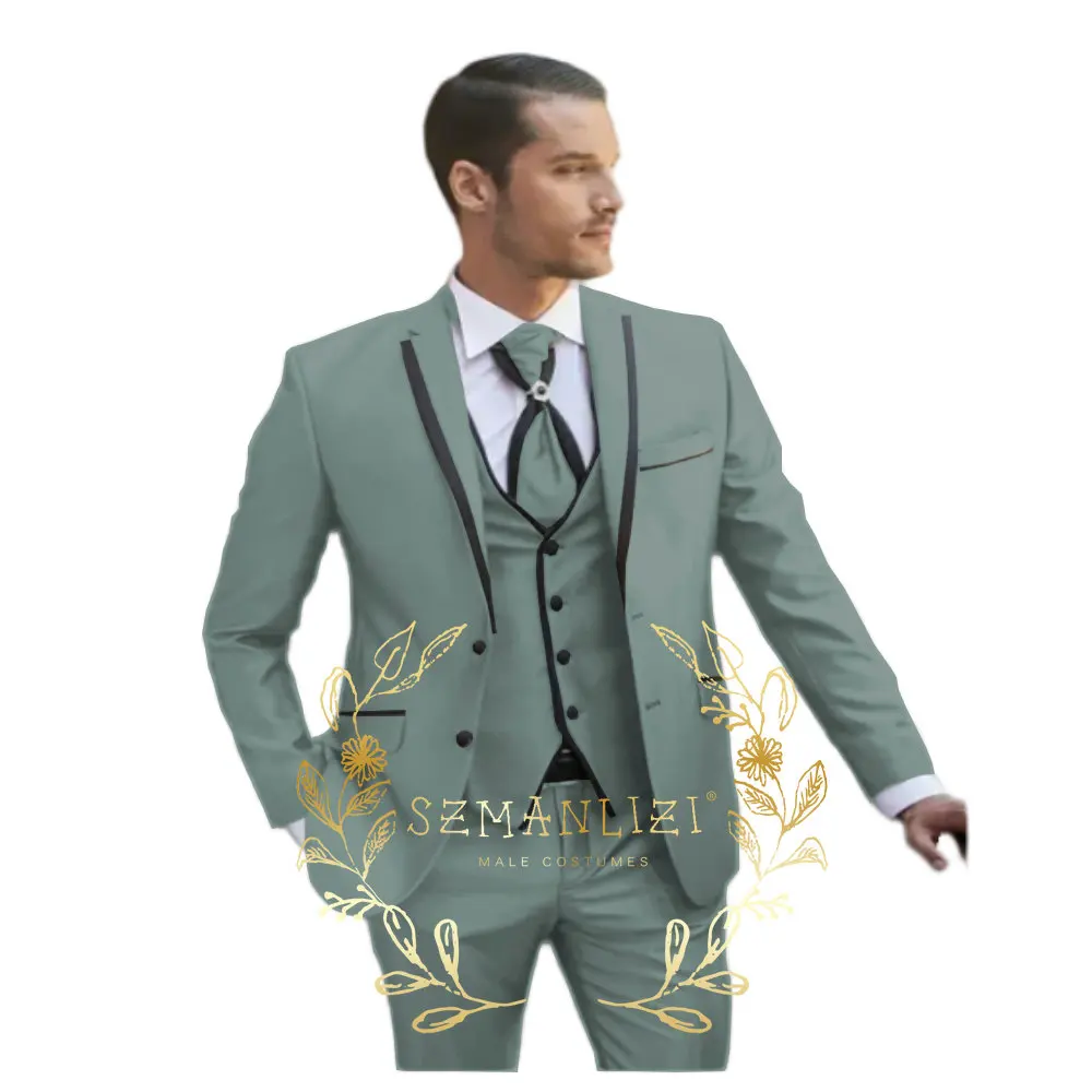 

Light Green Formal Men's Suit 3 Pieces Slim-fit Jacket Vest Pants Prom Notched Lapel Blazer Custom Made Groom Wedding Tuxedos