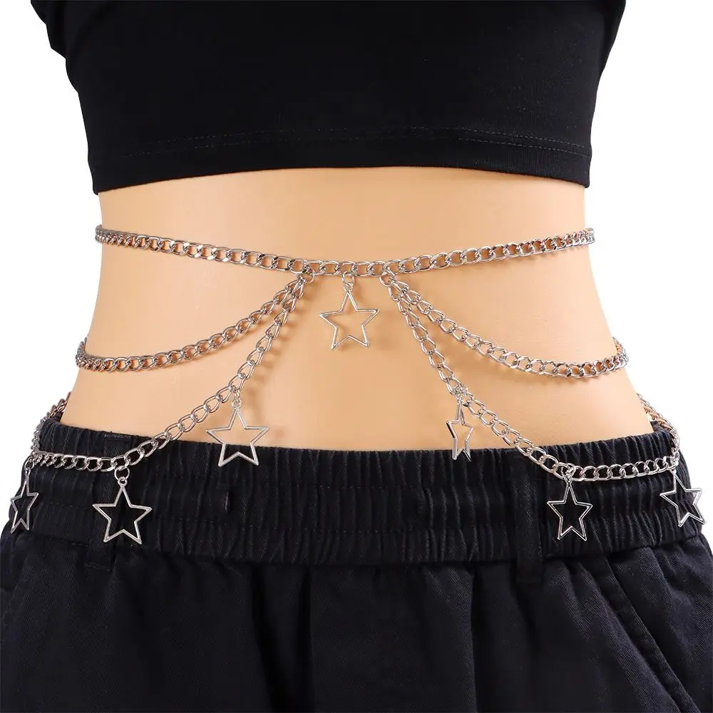 Retro Hollow Out Five-Pointed Star Waist Chain Gold Color Y2K Metal Waist Chain Minimalist Adjustable Bohemian Body Chain Girls