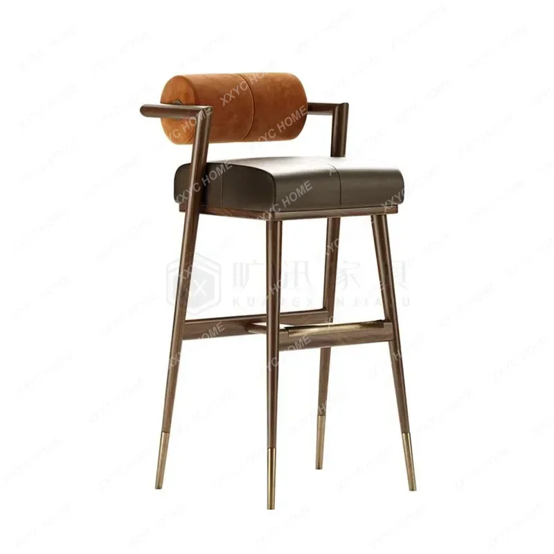 A Nordic simple solid wood bar chair high stool light luxury metal stainless steel bar chair front desk high chair