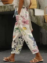 2026 Women's Loose Casual Trousers Floral Pattern Print Retro Drawstring Cross-pants Ladies Rolled Hem Cotton Linen Pants Female