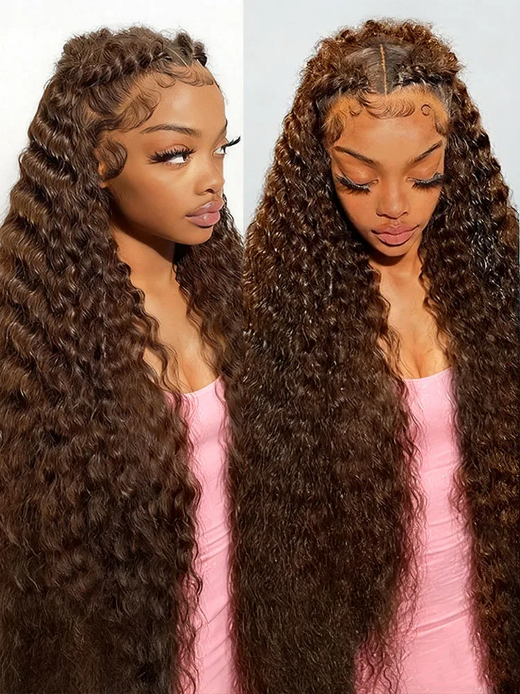 

250 Density Chocolate Brown Curly Lace Front Wigs Brazilian 38 40 Inch Deep Wave Human Hair Wigs With Baby Hair Pre Plucked 13x4 13x6 HD Transparent Lace Frontal Wig For Black Women