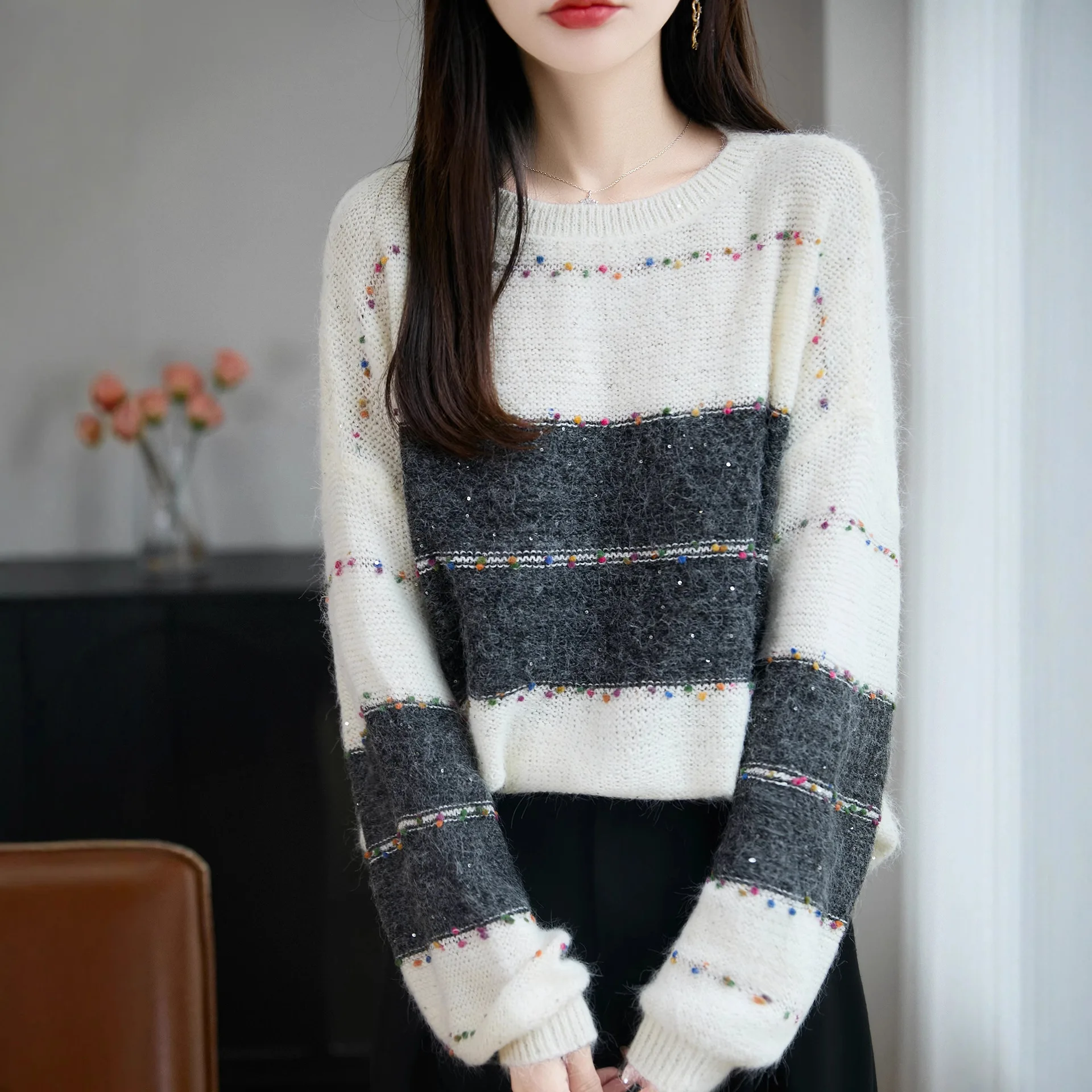 

Women Sweater Pullovers Sequined O-neck Long Sleeve Loose Warm Autumn Winter Korean Fashion Bottoming Shirt Knitted Sweaters