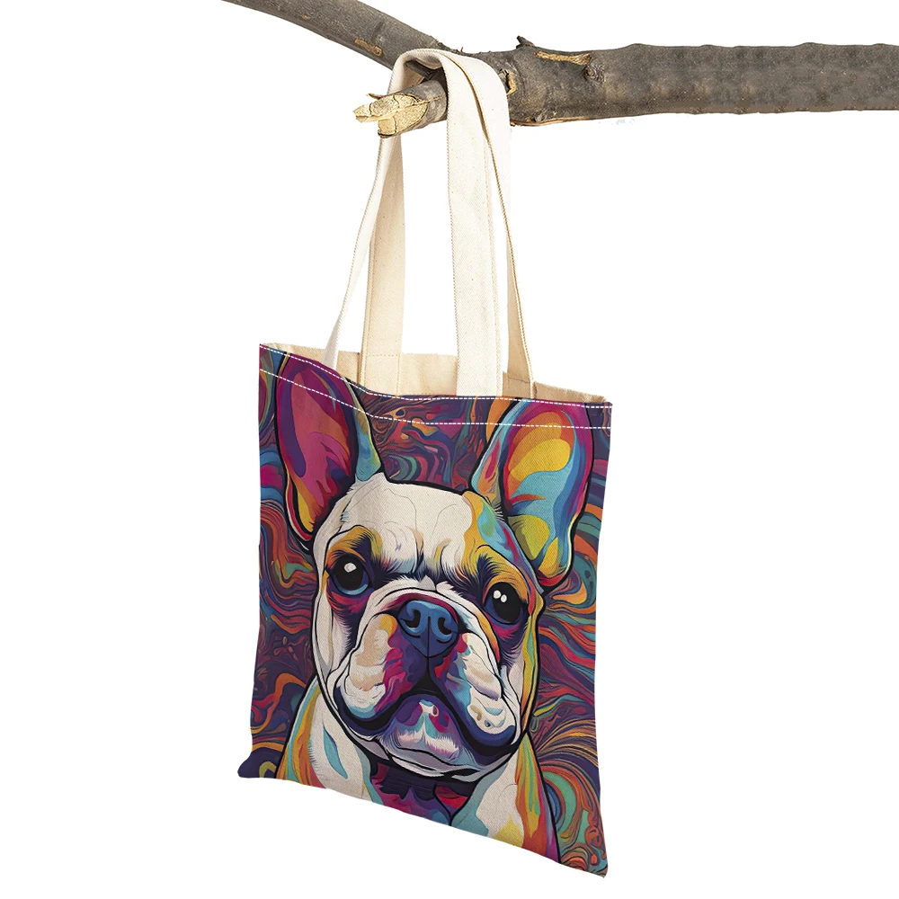 Bolso de mano con estampado de animales de dibujos animados, bolsa de hombro de lona informal, retrato de perro colorido, Boston Terrier, Bulldog