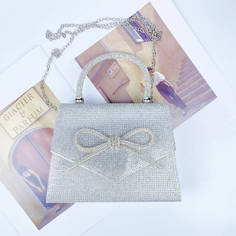 New niche design bow silver handbag bag European and American fashion retro chain dinner party shoulder cross-body bag