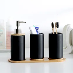 Ceramic Bathroom Accessories Set Toothbrush Holder Tumbler Soap Dispenser with Bamboo Tray Household Bathroom Decoration Kit