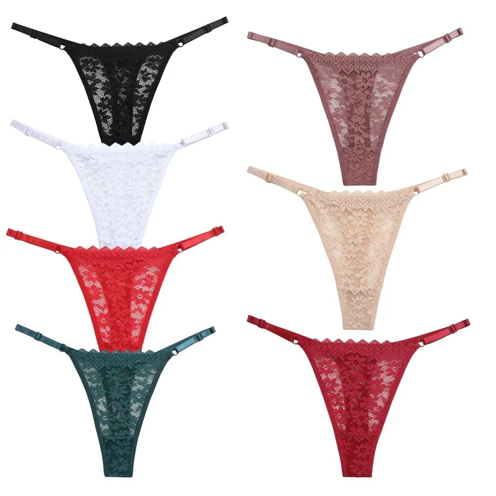 Bequeme, niedrig geschnittene Spitzen-Stringhöschen mit Blumenmuster, weiche, einfarbige, verstellbare Gürtel-Slips, Unterwäsche, transparente T-String-Höschen für Mädchen – Detail 2