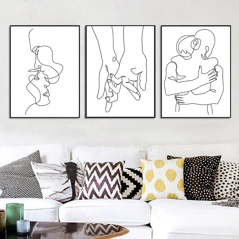 Line Drawing Couple Hand Love Kiss Wall Art Canvas Painting Nordic Posters And Prints Minimalist Wall Pictures For Living Roo