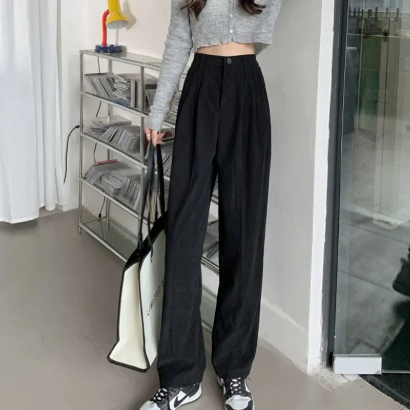 Vintage Women Clothes Fashion High Waist Straight Trousers Autumn Corduroy Pants Casual Solid Wide Leg Pants with Pockets 29096