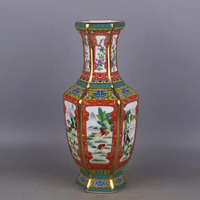 Hexagonal Vase Enamel Twelve Zodiac Pictures  Qianlong of Qing Dynasty as Ornaments for Collection of Antique Porcelain in Old I