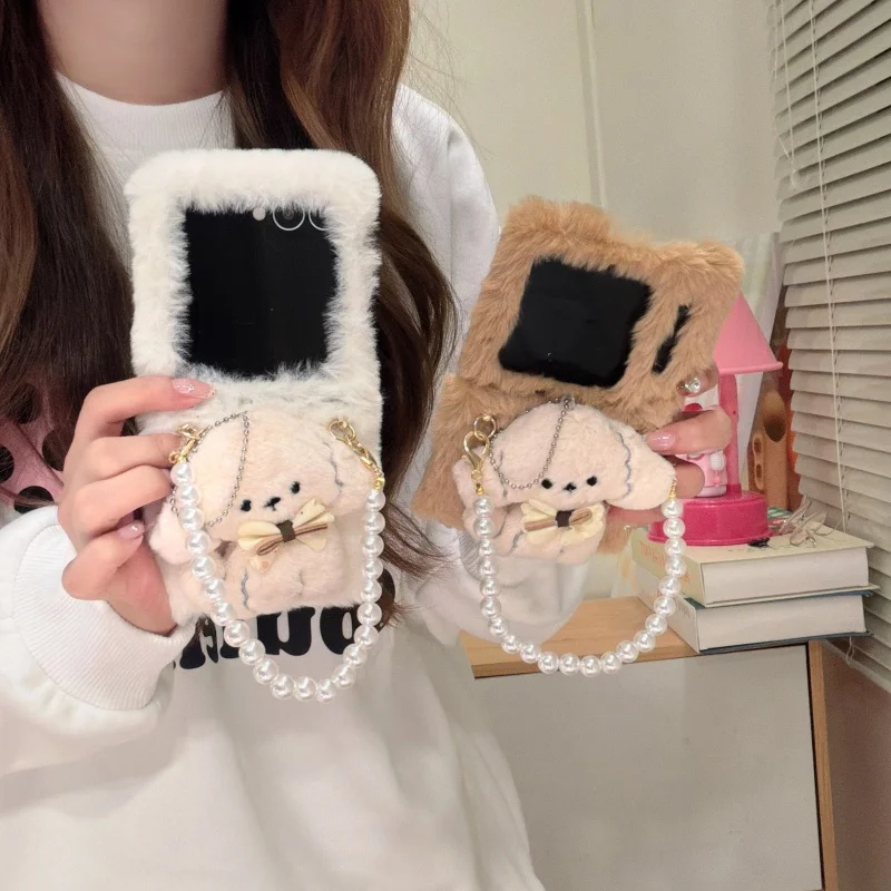Fashion Cute 3D Plush Puppy Phone Case for Samsung Galaxy ZFlip 3 4 5 6 7 8 ZFlip7 Fe Sweet Bow Puppy Ornament Pear Hand Cover