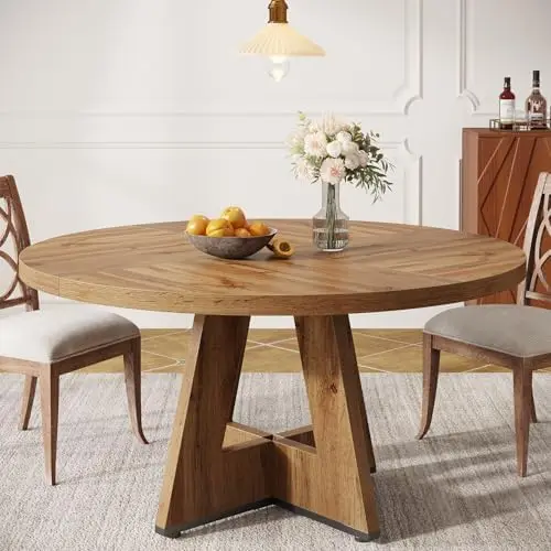 Farmhouse Dining Table, 47 Inch Round Dinner Table for 4, Rustic Round Dining Room Table for Home Dining Room Living