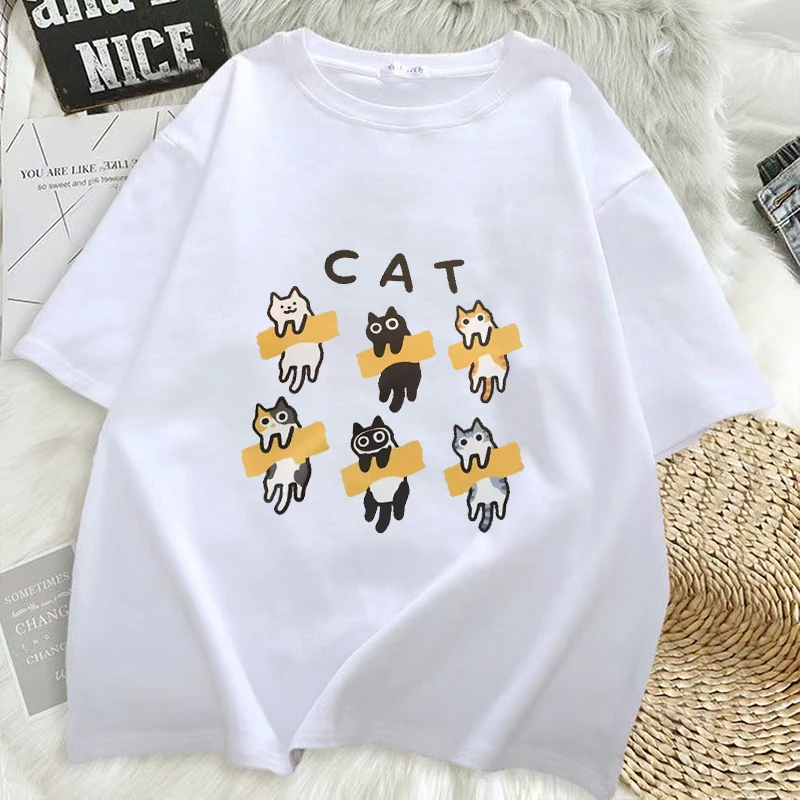 

Summer Short Sleeved T-shirt 2025 New Korean Ins Retro Cartoon Cat Print Loose Pullover TopS Women Clothing Y2k Top