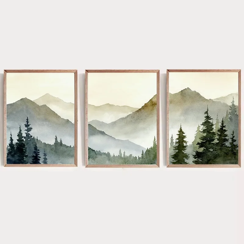 Sunset Green Mountain Watercolor Poster Pine Tree Forest Rustic Landscape Canvas Painting Wall Art for Living Room Home Decor