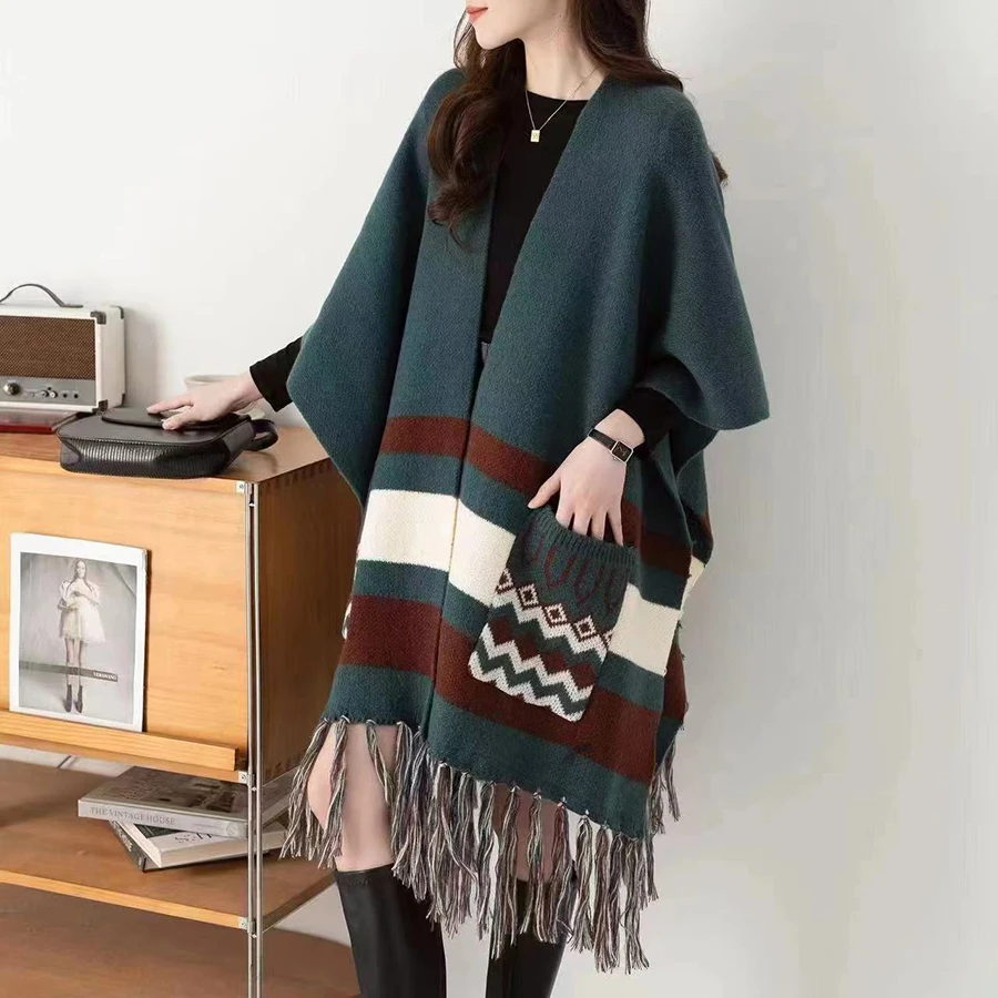 Fashion Vintage Knit Cardigan Cape Long Tassels Pocket Stripes Women Autumn Winter Split Shawl Cloak Outerwear Leisure Travel