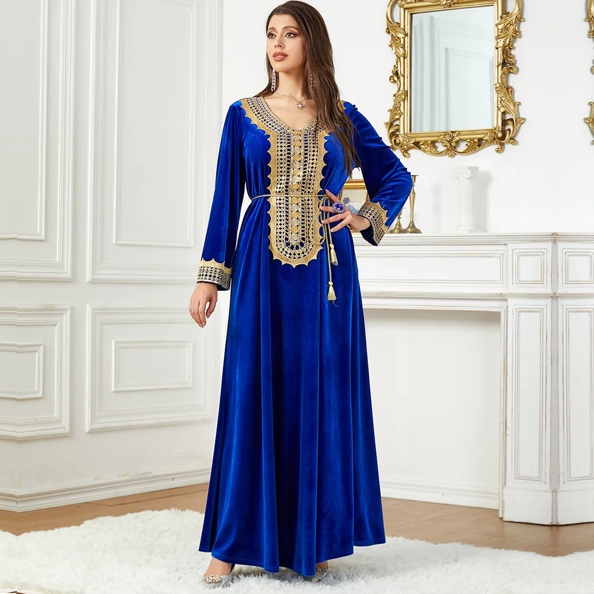 3751 Dubai Fashion Autumn/Winter Velvet Dress Arabic Dress Women's Solid Color Robe