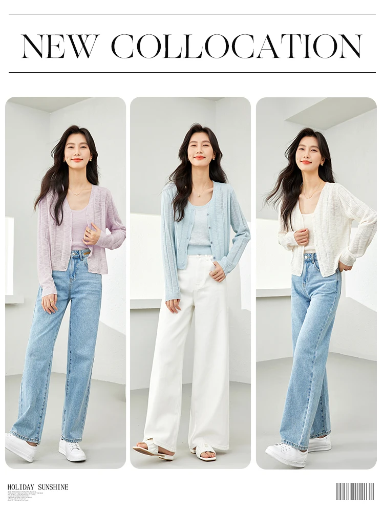 VIMLY Solid Hollow Out  Loose Knitted Suit Women 2024 Summer Casual Long Sleeve Cardigan Top + Cami Tank Vest 2 Piece Set 72797