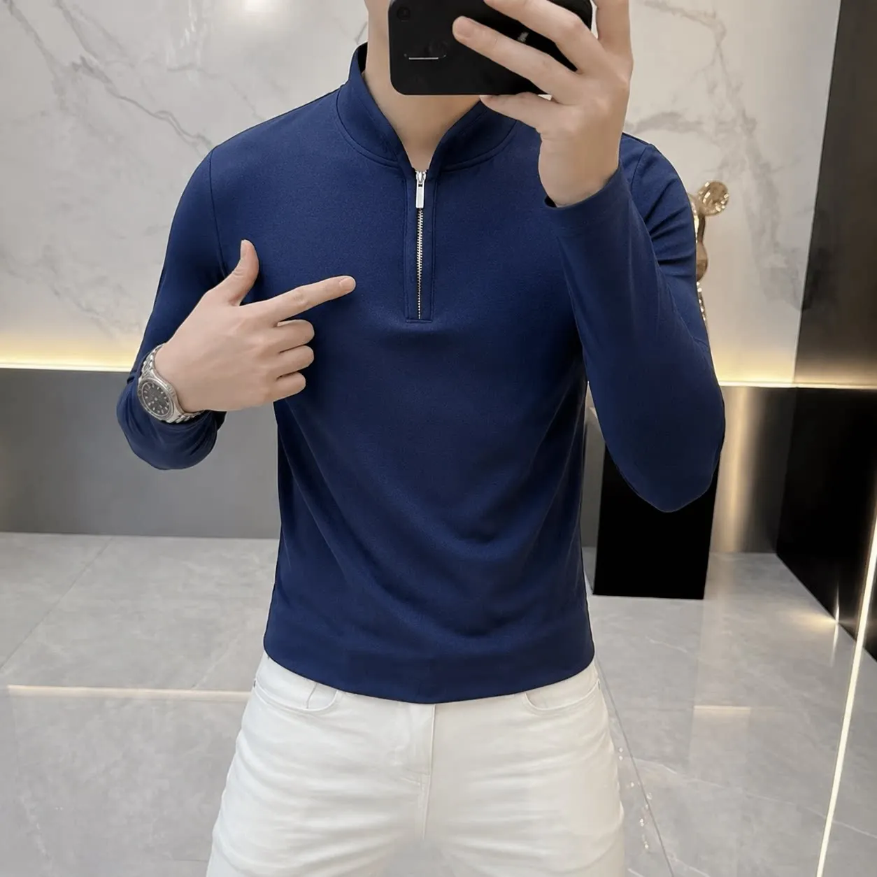 Men's Half-Zip Long Sleeve T-Shirt Autumn/Winter Slim Fit Elastic Solid Color Base Layer Casual Business Tshirts Men Clothing