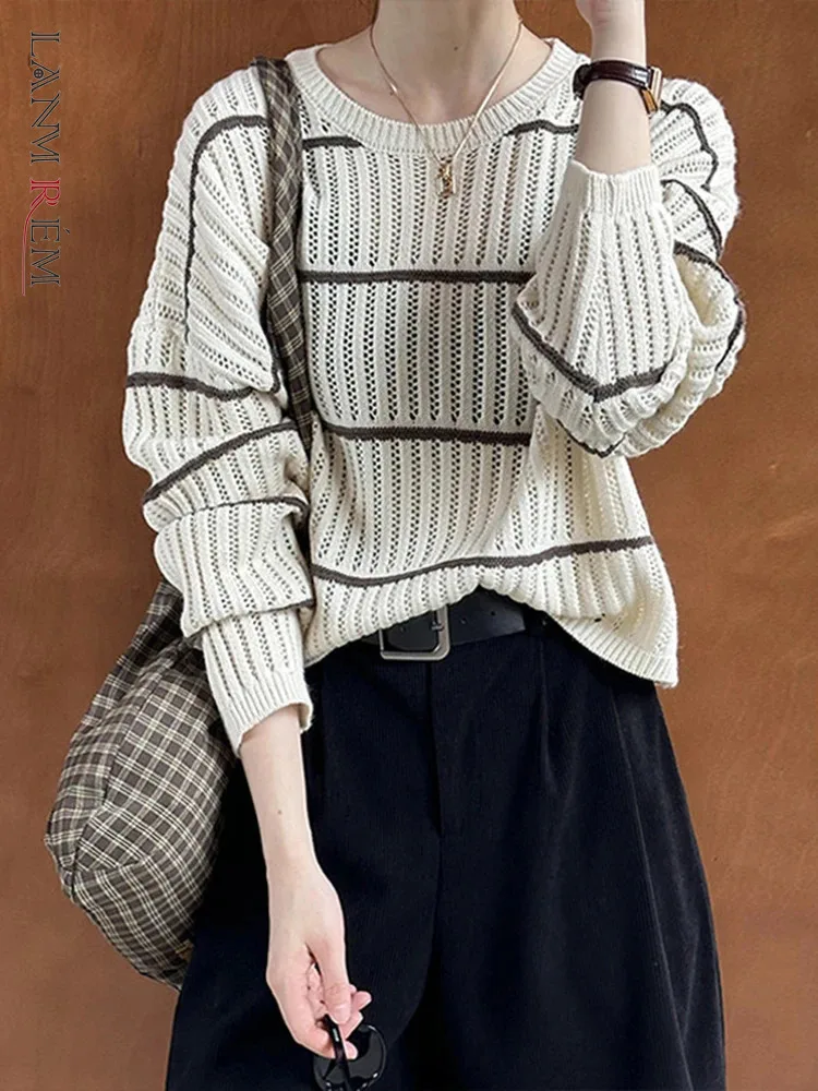 [LANMREM] Vintage Striped Knitting Pullover Sweater For Women Round Neck Long Sleeve Loose Tops Fashion 2024 Autumn New 26C527