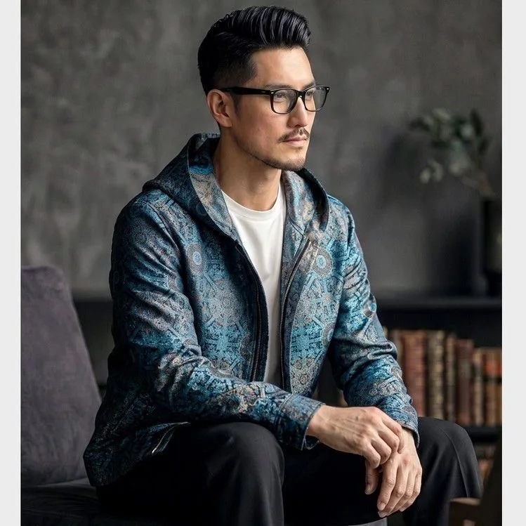 Silk Cloud Jacket Men's Spring Autumn Season Long Sleeve Hooded Zipper Double-Sided Print Casual Outerwear Standard Fit