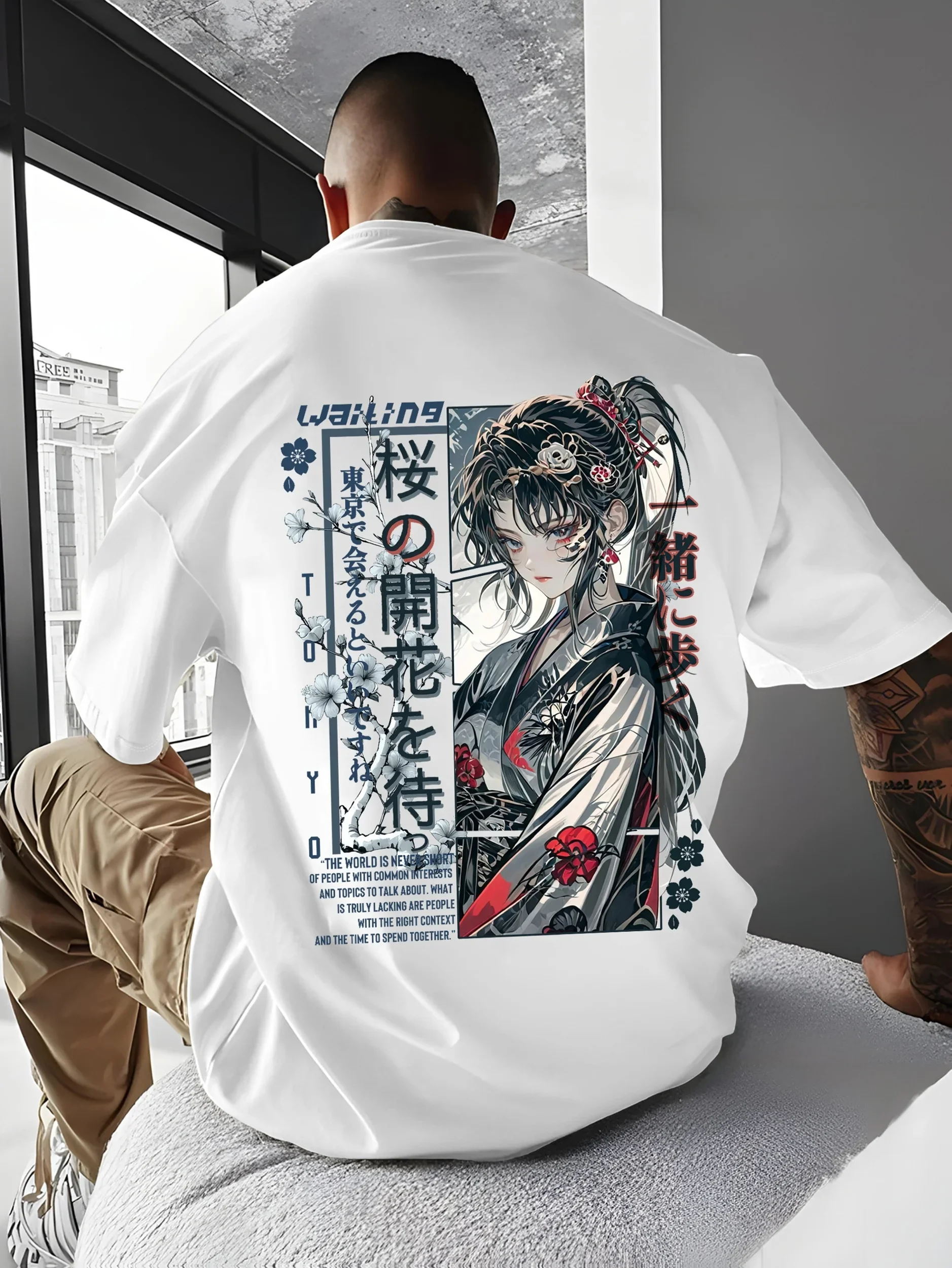 Men's Japanese Anime Graphic T Shirt Samurai Girl Ukiyo-e Style Back Print Streetwear Oversized Casual Cotton Summer Tee