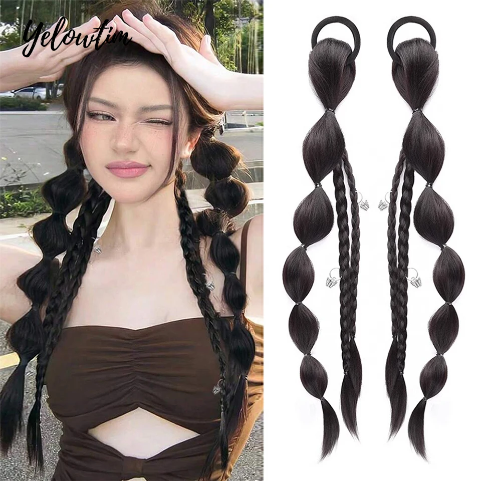 

Yelowtim Synthetic 18Inch Long Straight Hair Natural Bubble Braid Plait Ponytail Wig With Rubber Band Natural Fashion