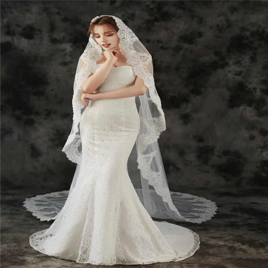 New Arrival One Layer Cathedral Wedding veils Lace Edge 3 Meter Long White Ivory Bridal veil Bodas velo de novias