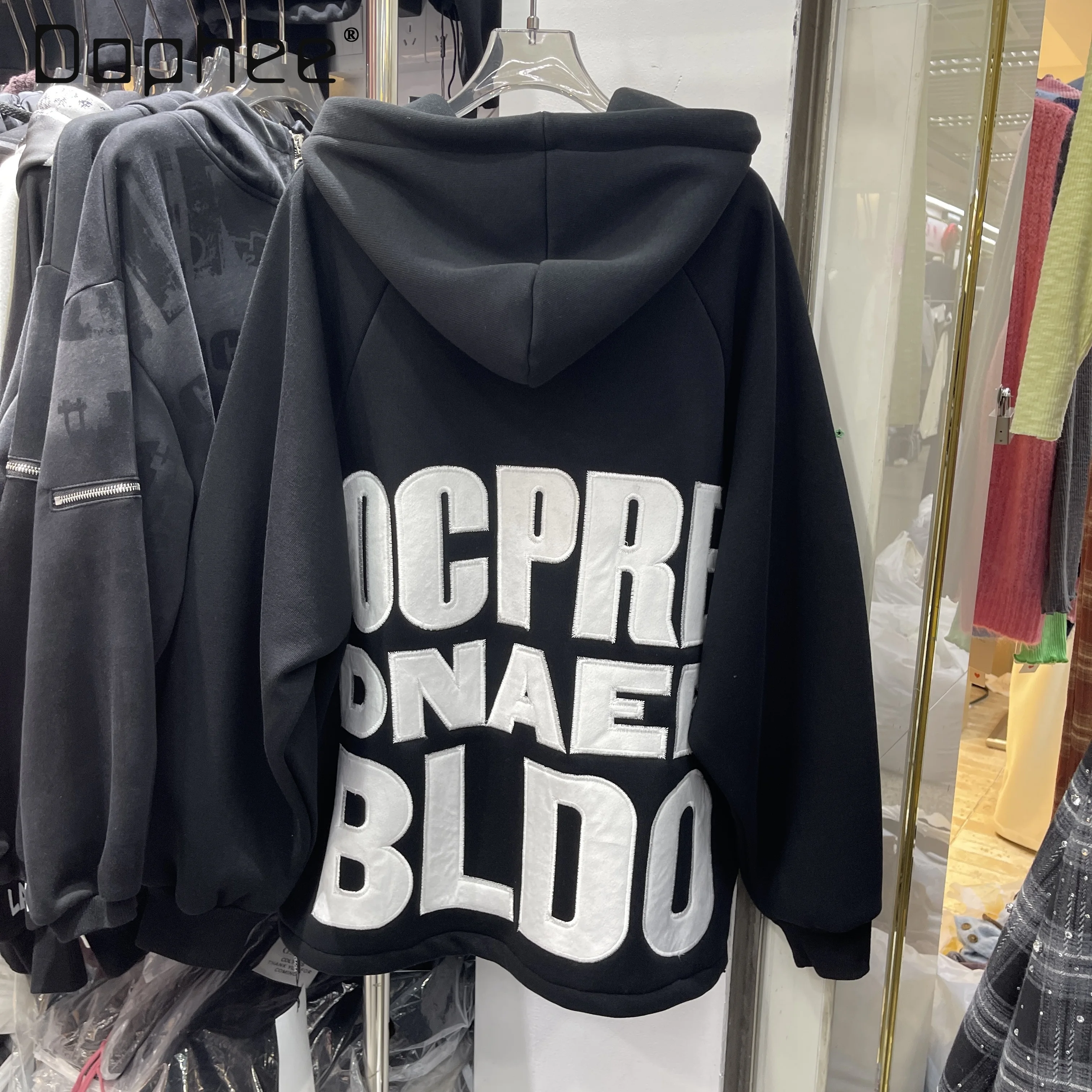 

Black Fleece-Lined Sweatshirt for Women 2025 Winter New Letter Patch Embroidery Loose Mid-Length Hooded Zipper Jacket