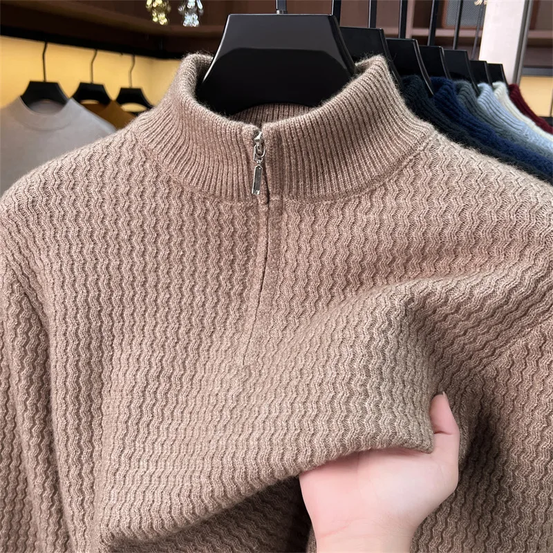 Fashion wave pattern jacquard knitted sweater men's high-end half zipper stand up collar pullover new comfort winter warm top