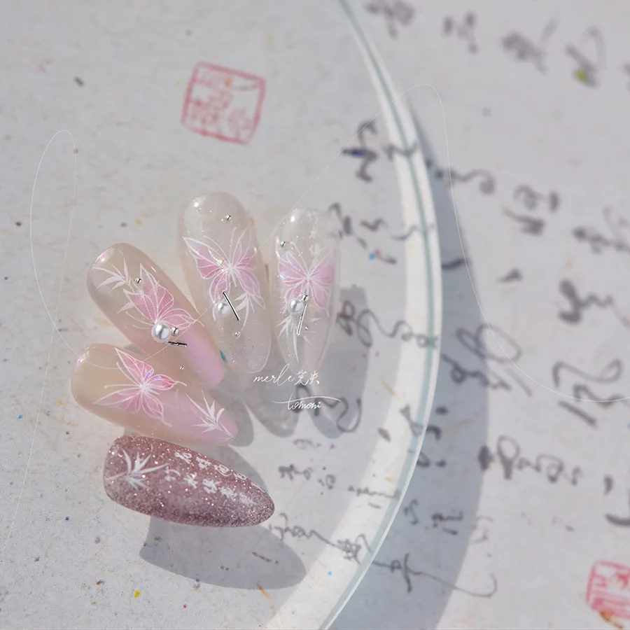 Pink Shell Light Butterfly Chinese Style Bamboo leaf Nail Art Stickers Adhesive Design DIY Nail Decals High Quality