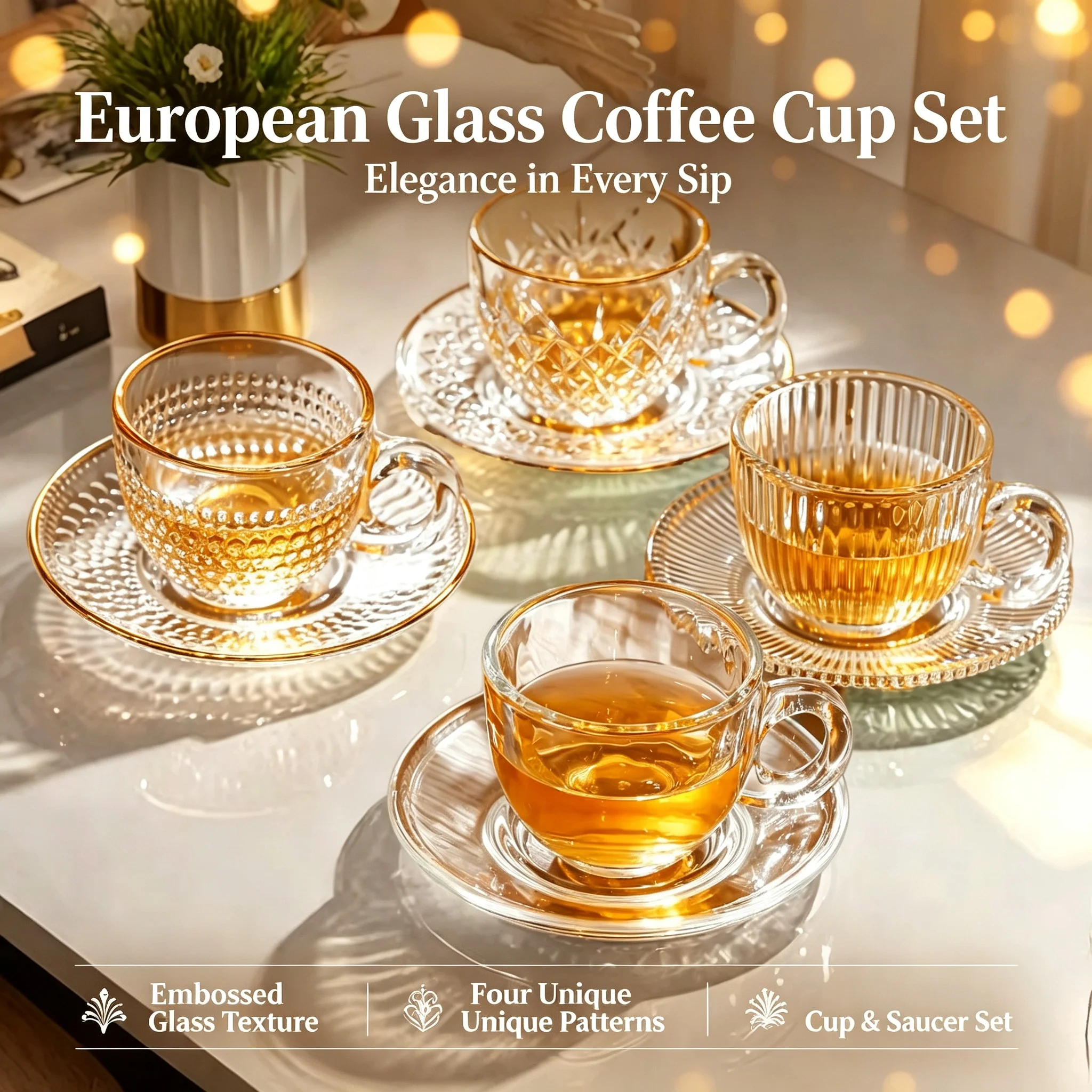 European Luxury Glass Coffee Cup And Saucer Set With Handle Latte Americano Espresso Tea Cup For Home Daily Use