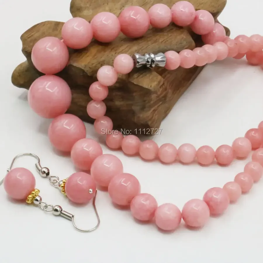 6-14mm Accessory Crafts Pink Lucky Stone Necklace Chain Earring Sets Round Beads Jewelry Party Wedding Gifts 18inch Part Fitting