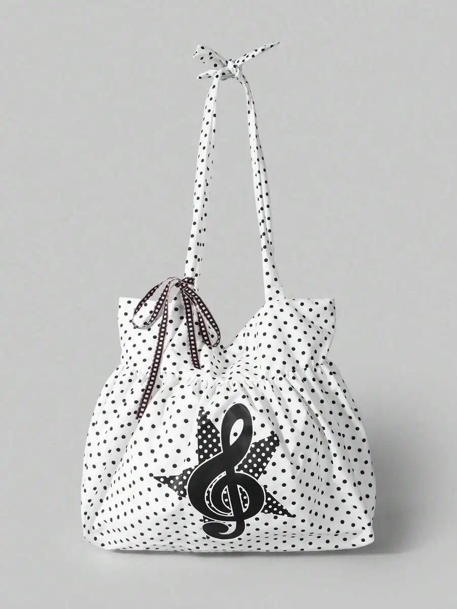 White Polka Dot Music Note Star Print Drawstring Tote Bag With Bow Strap, Large Capacity Laptop-Friendly Shoulder Bag For Daily