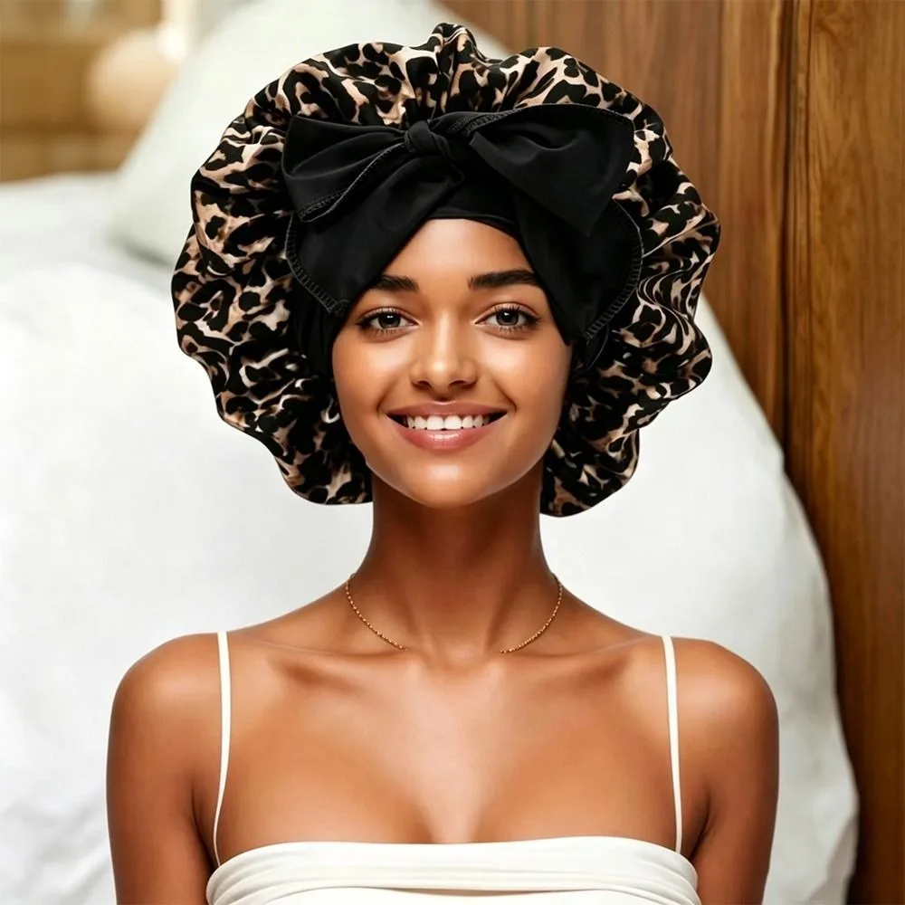 Fashion Silk Imitation Leopard Print Sleep Cap Breathable Comfortable Bowknot Decoration Satin Hair Bonnet Sleeping Hat Beauty