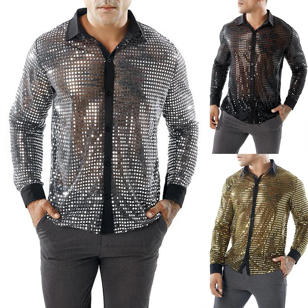 Men Sequined Shirt For Men Retro 70s Disco Daily 1 Fall Polyester + Mesh + Sequin Comfy Mens Golden Spring Hot