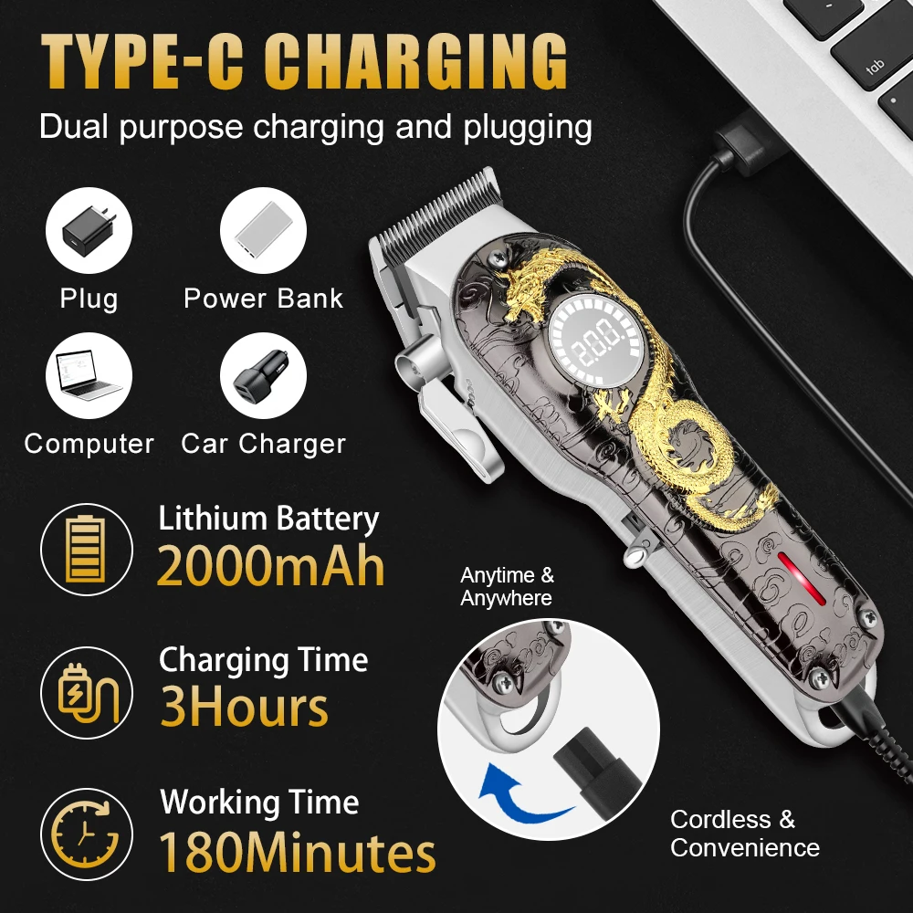 HIENA Luxury men's Hair Clippers Gold dragon design Electric hair cutting machine professional barber hair Trimmer Shaving Razor