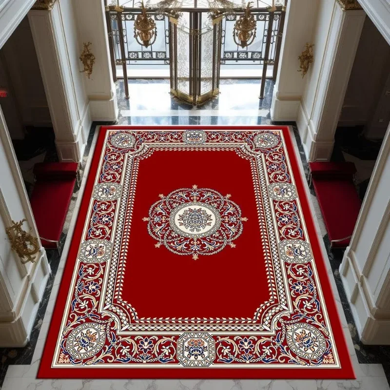 Persian Red Carpet Intricate Floral Medallion Design Gold Blue Accents Luxury Floor Rug for Grand Hallway Decor