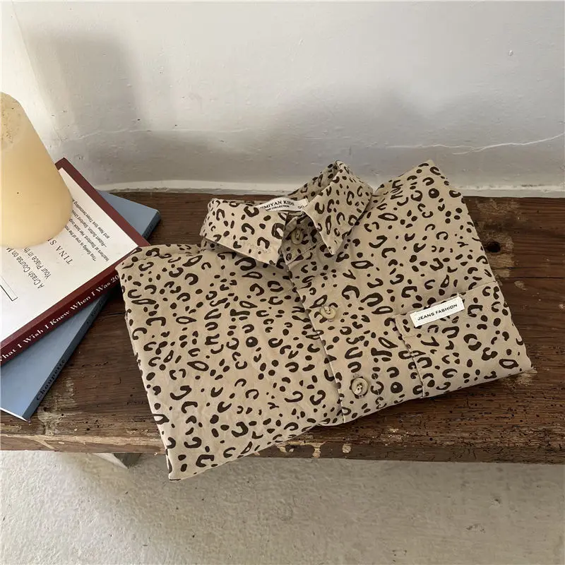 Children\'s Shirt Spring and Autumn New Boys and Girls Leopard Pattern Long sleeved Shirt Baby Korean Shirt Coat