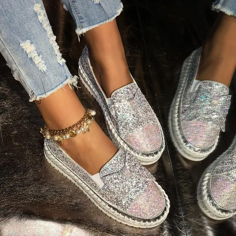 Brand Design Glitter Bowknot Loafers Women 2025 Summer Comfort Soft Sole Slip On Casual Shoes Luxury Sequin Cloth Sneakers